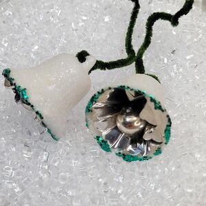 2 Green Glitter Sugar White Bells Insert Pipe Cleaner‎ Christmas Tree Ornament